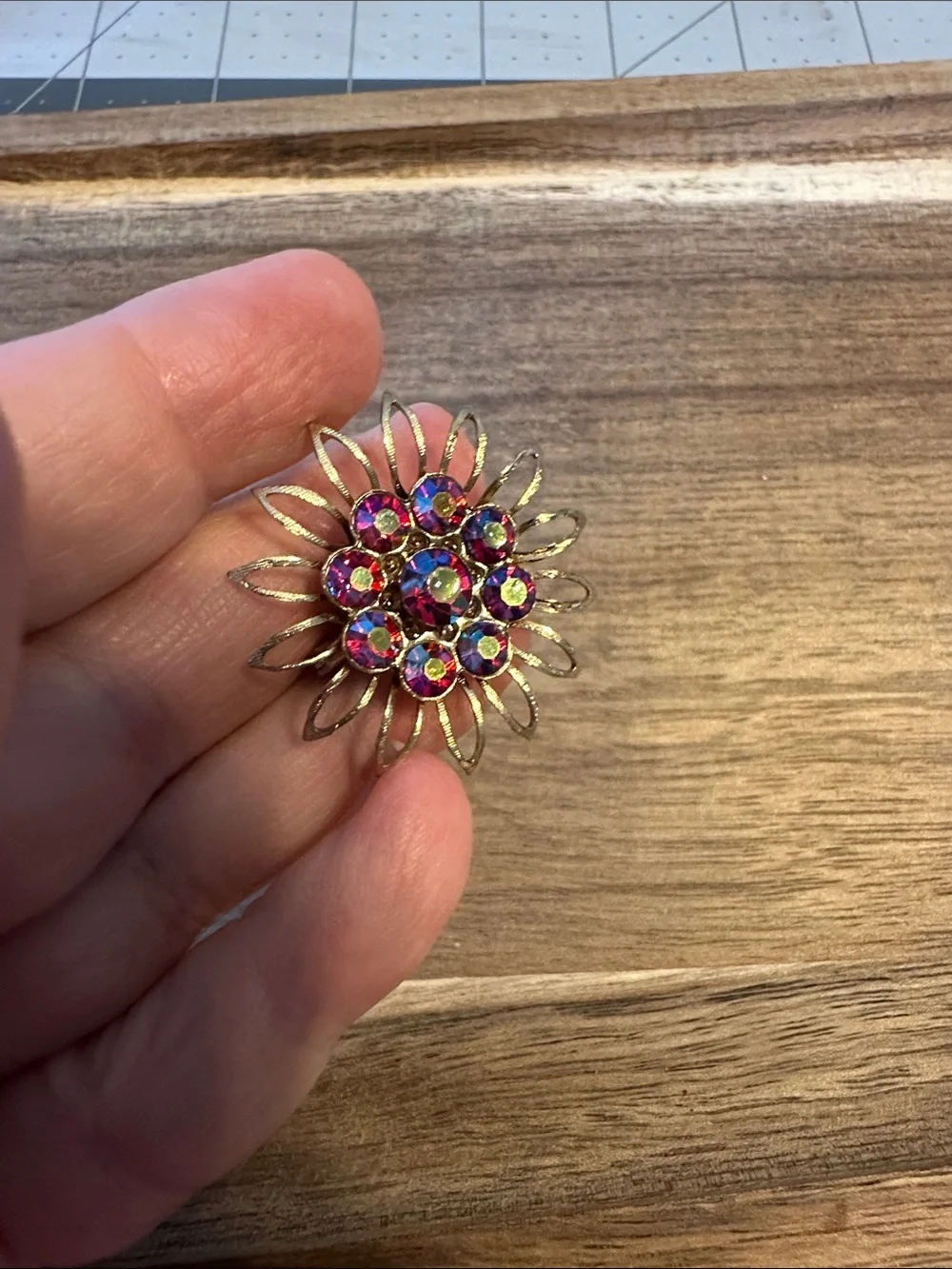 Vintage Aurora Borealis Crystal Flower Brooch - gold to copper Tone